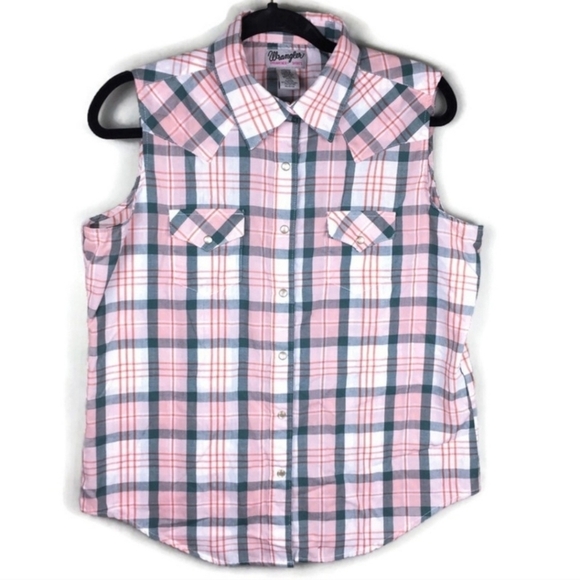 Wrangler Tops - Wrangler Wrancher Pearl Snap Plaid Sleeveless Western Shirt Women's Large L EUC